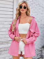 VYSN pocketed snap-down dropped shoulder denim shacket with front pockets and relaxed fit, casual fashion layering piece