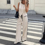 Women's contrast color sleeveless vest and drawstring trousers set by FitiqueFit, available in 6 colors, size S to XXL.