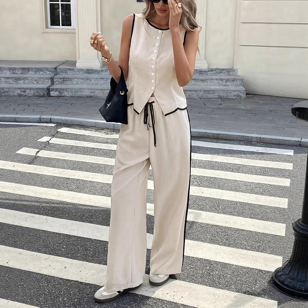 Women's contrast color sleeveless vest and drawstring trousers set by FitiqueFit, available in 6 colors, size S to XXL.