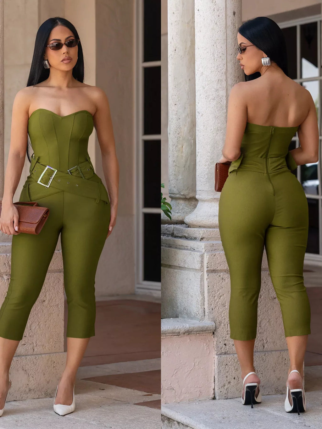 Black belted tube skinny jumpsuit from Trendsi featuring a fitted silhouette and sleeveless design, ideal for casual or dressy occasions.