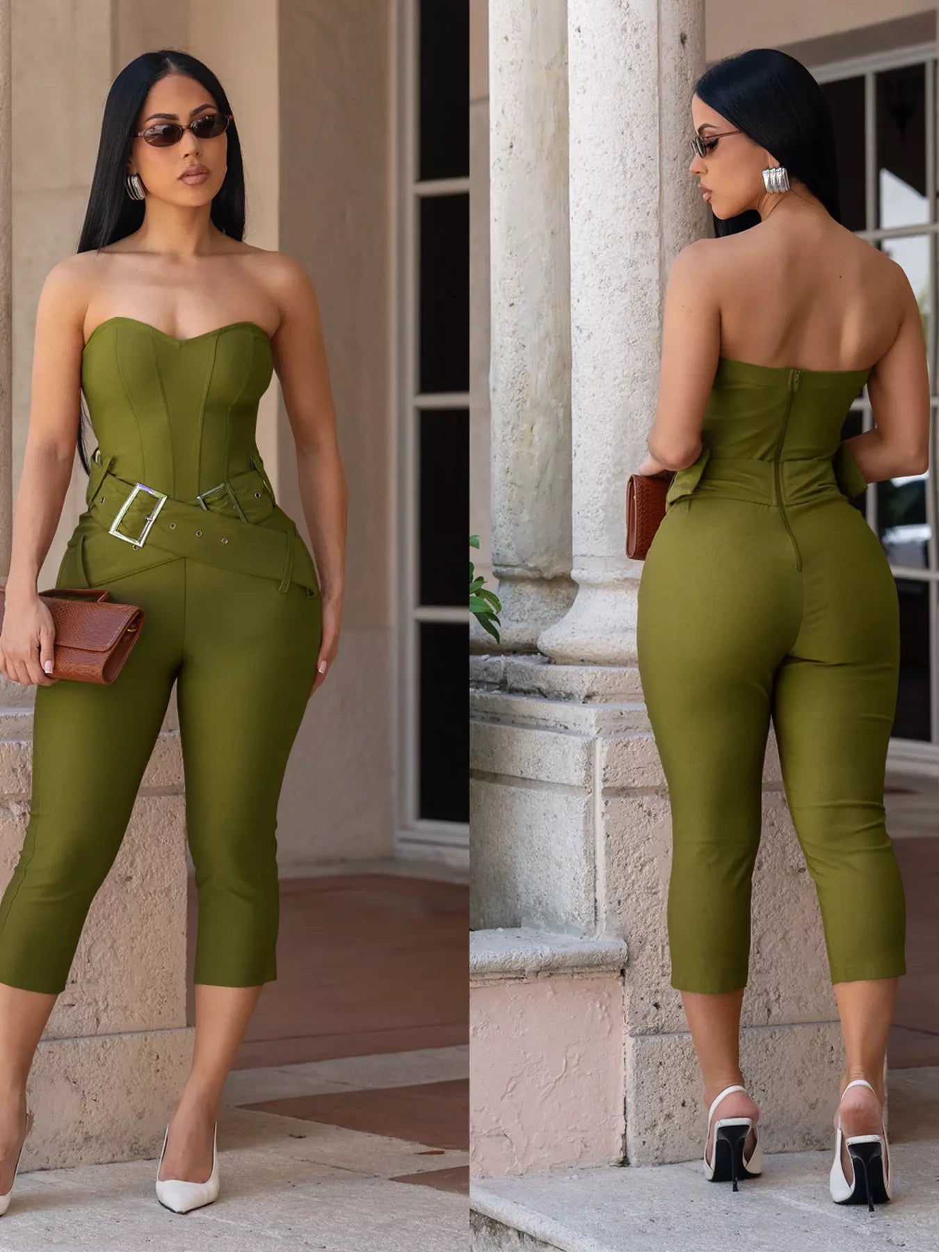 Black belted tube skinny jumpsuit from Trendsi featuring a fitted silhouette and sleeveless design, ideal for casual or dressy occasions.