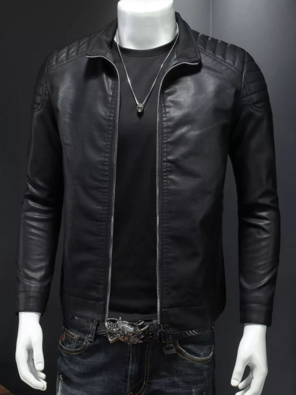 Plus size men's zip-up long sleeve jacket by Shopimist, navy blue, with front pockets and a stand collar.
