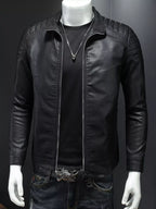 Plus size men's zip-up long sleeve jacket by Shopimist, navy blue, with front pockets and a stand collar.