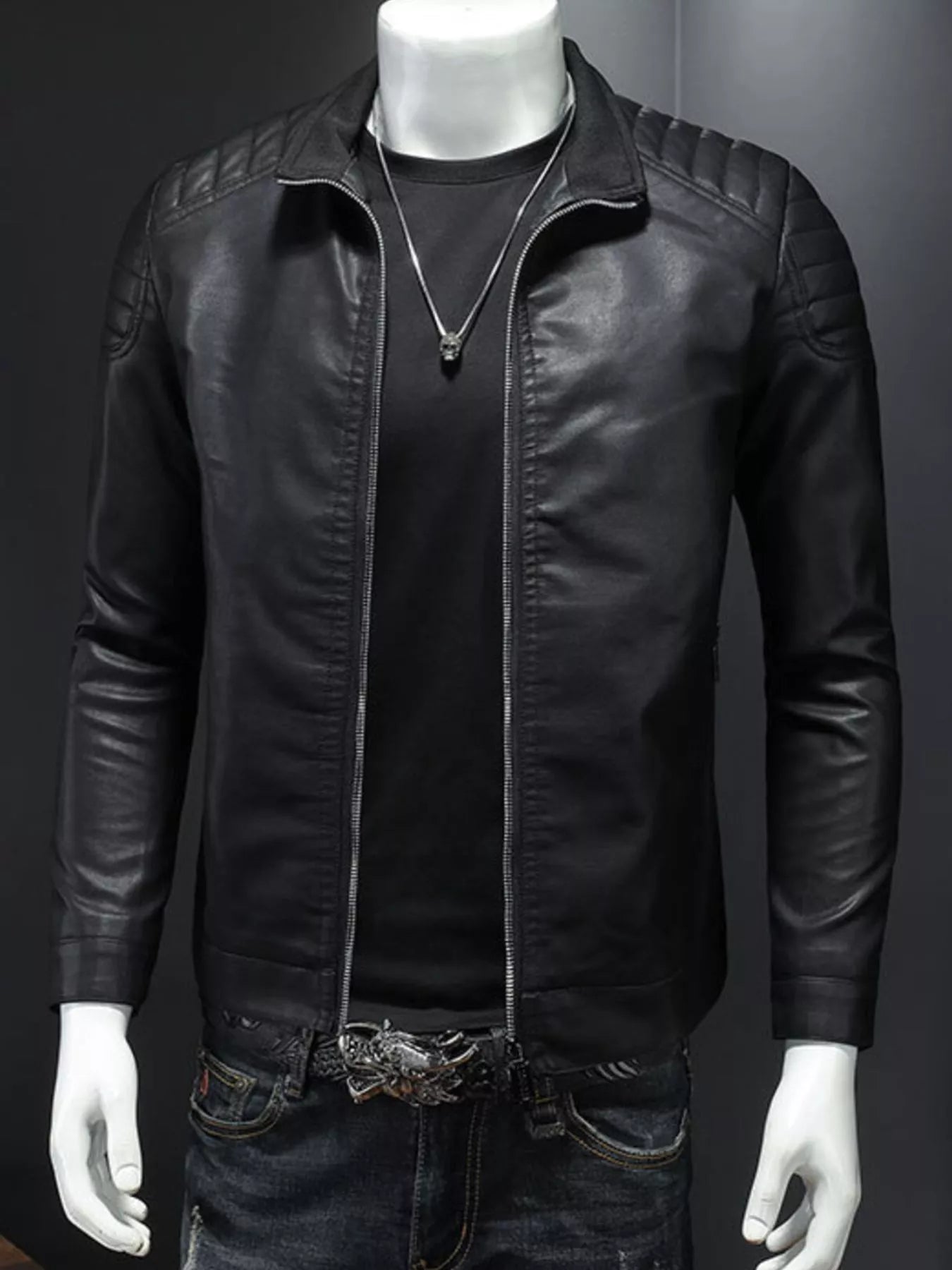 Plus size men's zip-up long sleeve jacket by Shopimist, navy blue, with front pockets and a stand collar.