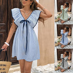 Women's FitiqueFit V-neck mini dress with ruffle puff sleeves, perfect for summer, featuring a flirty and stylish design.