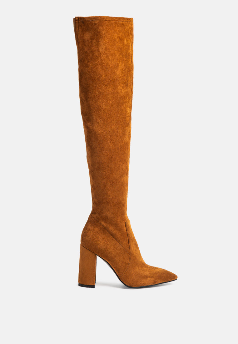 Tan Flittle over-the-knee long boots with block heels from London Rag, featuring a sleek design and smooth leather finish.