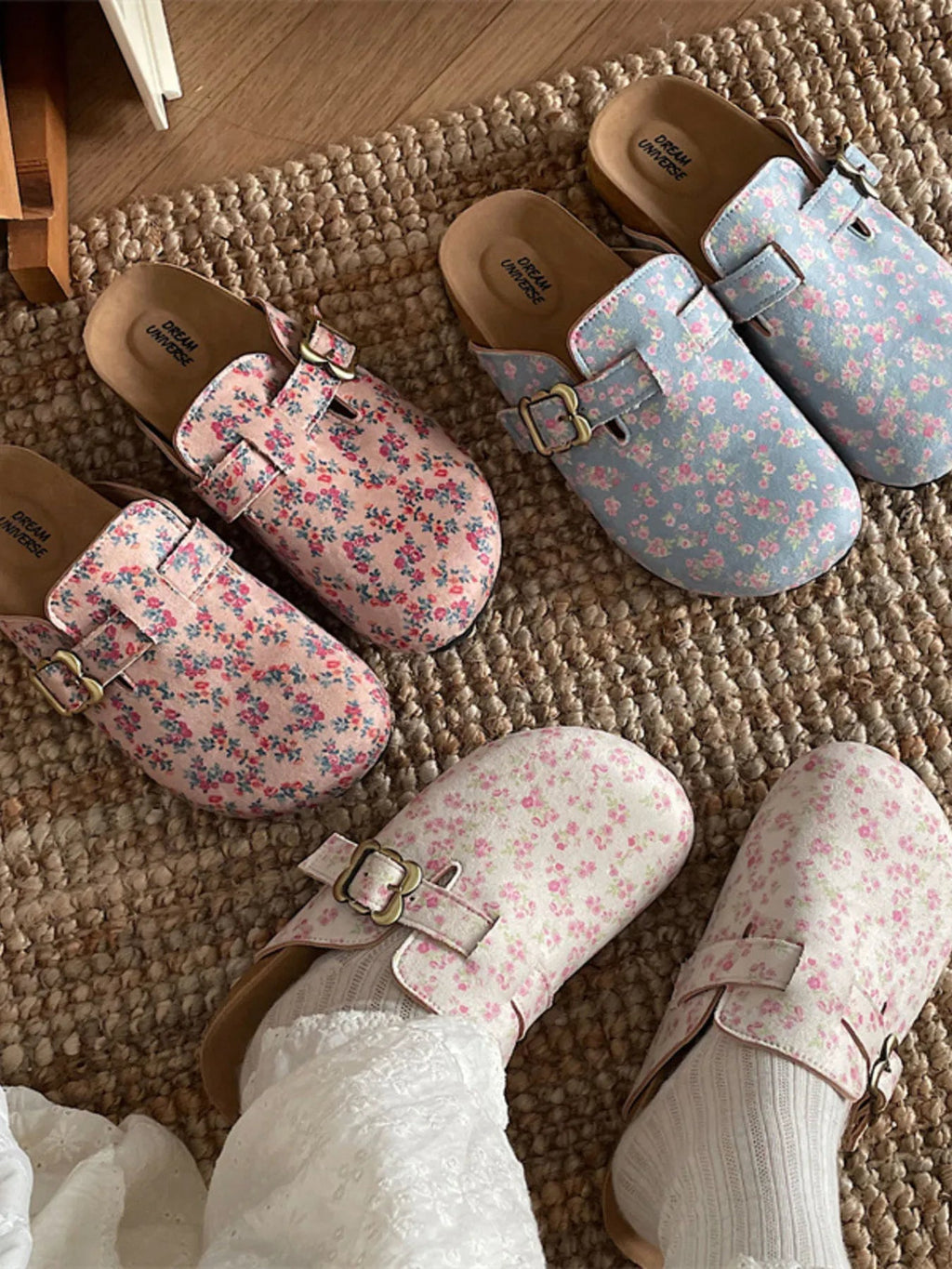 Women's floral print slip-on flats with round toe, casual walking shoes by Trendsi, featuring a colorful floral pattern and comfortable design.