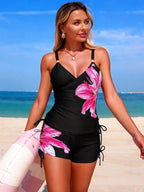 Floral print drawstring tankini set by Trendsi, two-piece swimwear featuring a stylish floral pattern and adjustable drawstring top.