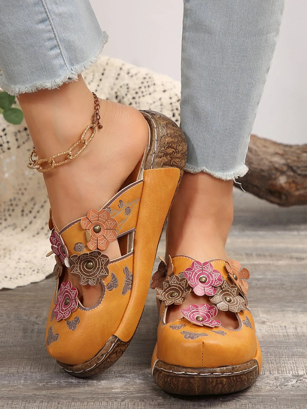 Floral round neck flat sandals in premium PU leather, stylish summer footwear with colorful floral design and comfortable flat sole.