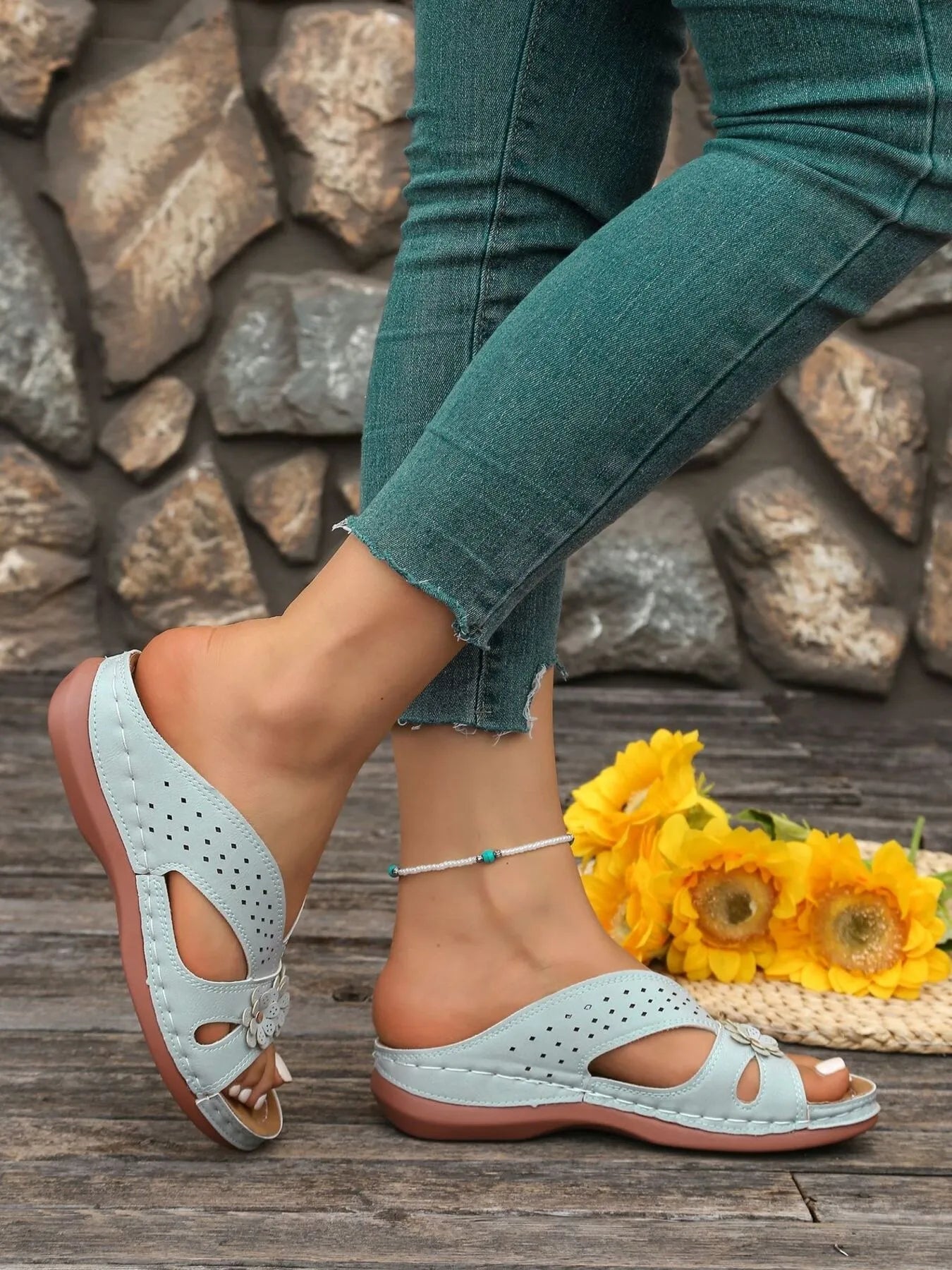 Women's floral comfort wedge sandals with low heel, stylish PU leather shoes featuring a floral design and casual slip-on style.