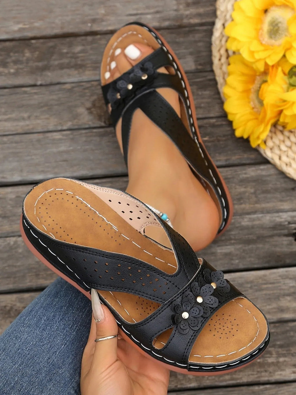 Women's floral comfort wedge sandals with low heel and PU leather straps, stylish and feminine for casual wear.