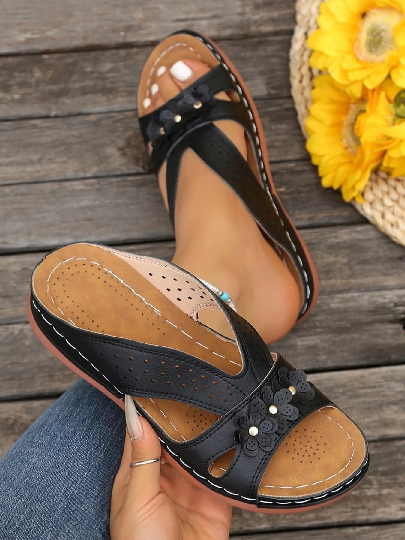 Women's floral comfort wedge sandals with low heel and PU leather straps, stylish and feminine for casual wear.
