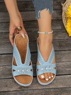 Women's floral comfort wedge sandals with low heel and PU leather straps, stylish and perfect for casual summer wear.