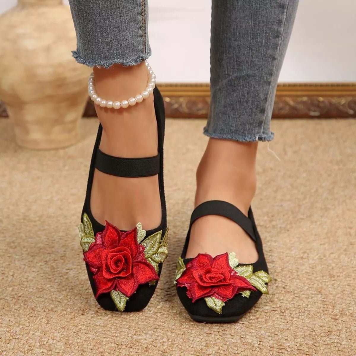 Women's floral square toe slip-on shoes by Trendsi, comfortable casual flats with a floral pattern and square toe design.