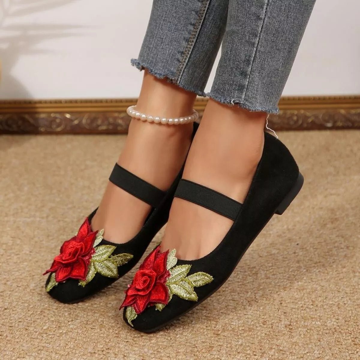 Women's floral square toe slip-on shoes by Trendsi featuring comfortable casual footwear with a colorful flower pattern.