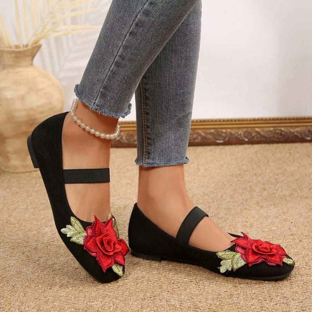 Women's floral square toe slip-on shoes by Trendsi, casual flat footwear with a colorful flower pattern and comfortable design.