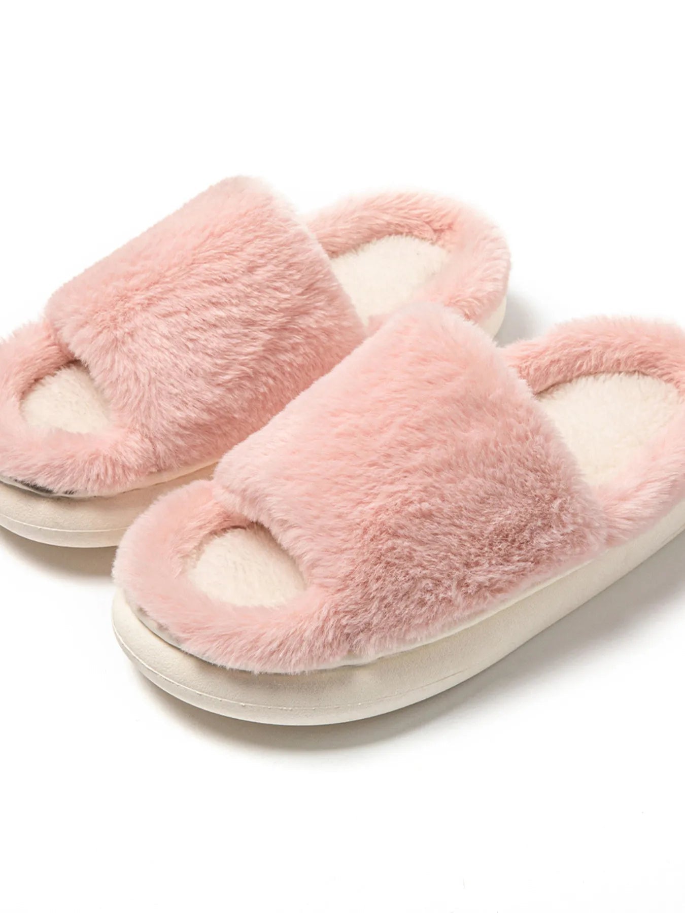 Soft plush open-toe faux fur slippers for women, cozy indoor house shoes with fluffy comfort from Trendsi.