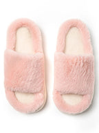 Soft plush open-toe faux fur slippers for women, cozy indoor house shoes with fluffy comfort from Trendsi.