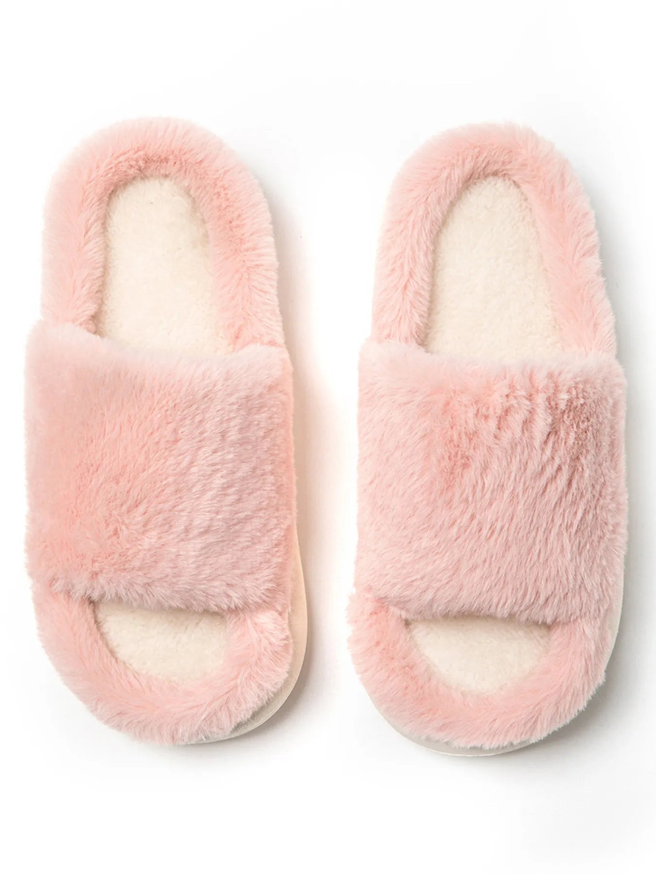 Soft plush open-toe faux fur slippers for women, cozy indoor house shoes with fluffy comfort from Trendsi.