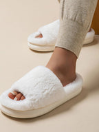 Fluffy open-toe faux fur slippers for women, soft indoor house shoes with plush comfort, ideal for cozy indoor wear.