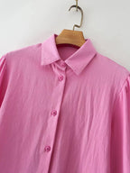 Bella Mia women's long-sleeve cotton shirt with polo collar, solid color, single-breasted design and lantern sleeves.