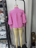 Bella Mia women's cotton long-sleeved shirt with polo collar, solid color, single-breasted design and lantern sleeves.
