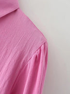 Bella Mia women's cotton long-sleeved shirt with polo collar, solid color, single-breasted, lantern sleeves.