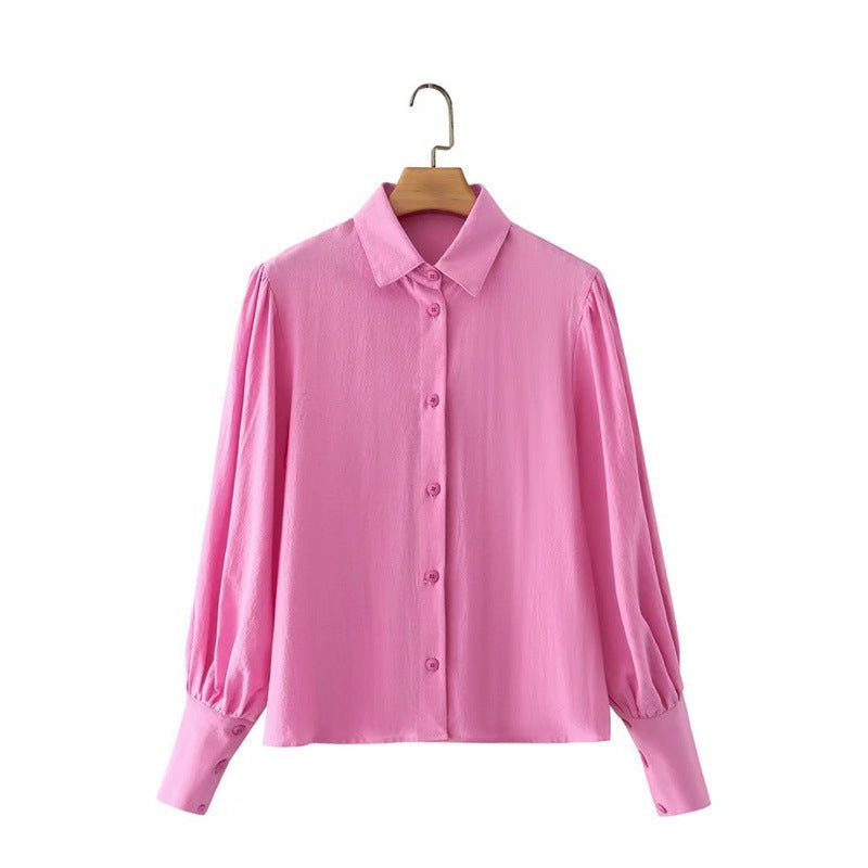 Bella Mia women's cotton long-sleeved shirt with polo collar, solid color, single-breasted design and lantern sleeves.