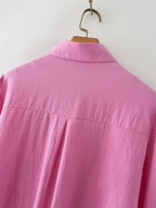 Bella Mia women's cotton long-sleeved shirt with polo collar, solid color, single-breasted design and lantern sleeves.