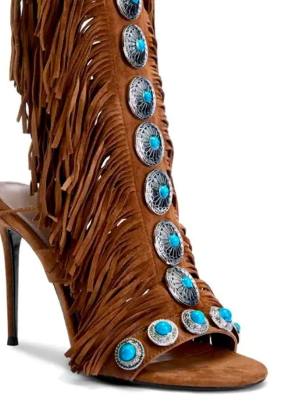 Women's fringe lace-up stiletto high heel sandals by Trendsi with stylish fringe detail and elegant design for parties.