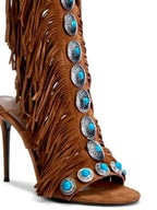 Women's fringe lace-up stiletto high heel sandals by Trendsi with stylish fringe detail and elegant design for parties.