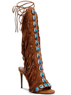 Women's fringe lace-up stiletto high heel sandals by Trendsi, featuring elegant design, open toe, and ankle straps for party wear.