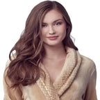 Beige women's plush bathrobe from Plush Fashion Hub, featuring ultra-soft fabric and a cozy front view.