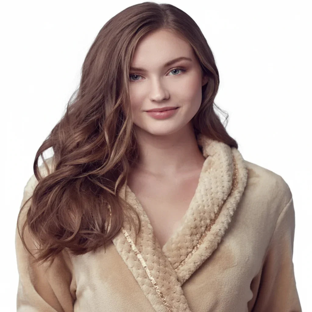 Beige women's ultra soft plush bathrobe from Plush Fashion Hub, shown from the front with a cozy, comfortable fit.