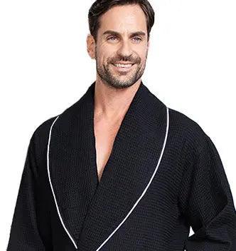 Black men's waffle piping robe from Plush Fashion Hub, front view showcasing soft textured fabric and piping details.
