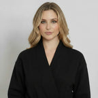 Black women's waffle robe from Plush Fashion Hub, lightweight and quick-dry spa comfort, front view with small size.