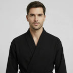 Front view of small black men's waffle spa bathrobe from Plush Fashion Hub, lightweight and absorbent for comfortable wear