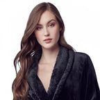 Women's ultra soft plush bathrobe from Plush Fashion Hub, front view in small black, cozy and comfortable for relaxing.