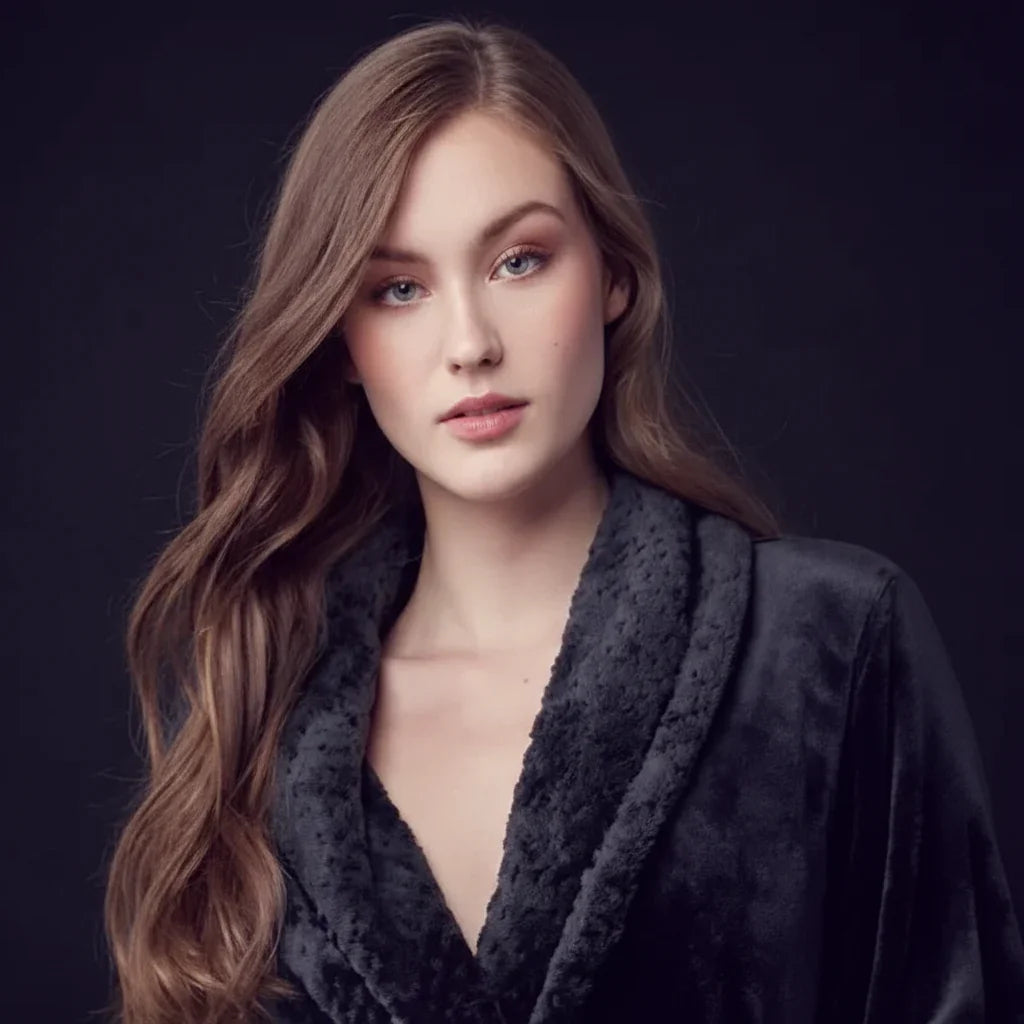 Front view of a small black women's plush bathrobe from Plush Fashion Hub, showing soft, cozy fabric and relaxed fit.