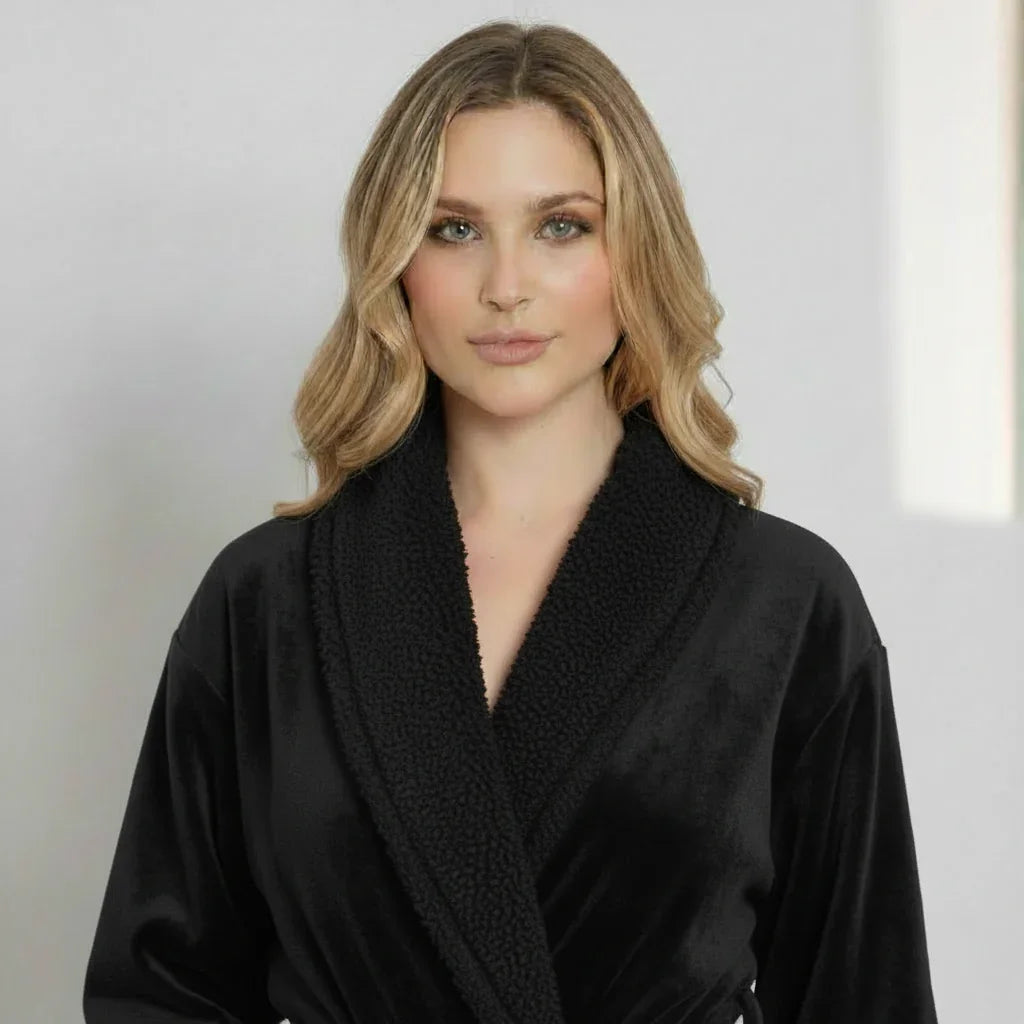 Women's ultra-soft plush bathrobe in black from Plush Fashion Hub, showing the front view with a cozy, plush texture.