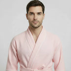 Front view of plush blush men's waffle piping robe by Plush Fashion Hub, showcasing soft fabric and piping details.