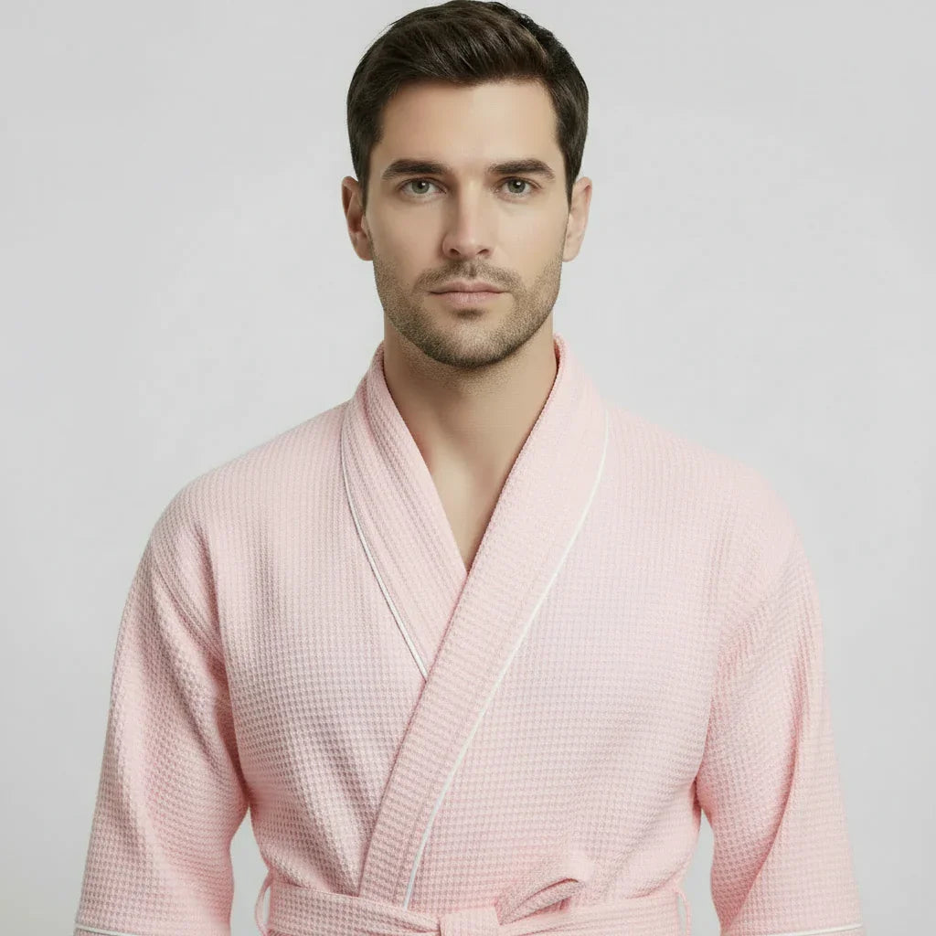 Front view of plush blush men's waffle piping robe by Plush Fashion Hub, showcasing soft fabric and piping details.