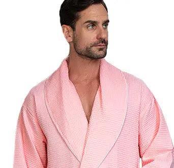 Front view of Plush Fashion Hub premium waffle piping men's robe in blush, showcasing soft fabric and piping details.