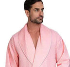 Front view of Plush Fashion Hub premium waffle piping men's robe in blush, showcasing soft fabric and piping details.