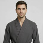 Front view of Plush Fashion Hub men's charcoal waffle spa bathrobe, lightweight and absorbent for comfortable relaxation.