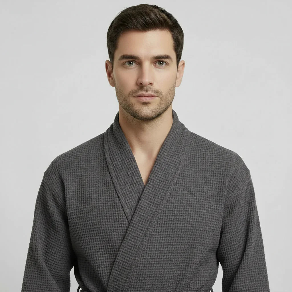 Front view of Plush Fashion Hub men's charcoal waffle spa bathrobe, lightweight and absorbent for comfortable relaxation.