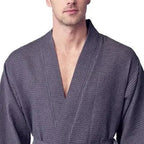 Front view of Plush Fashion Hub men's charcoal waffle spa bathrobe, lightweight and absorbent, showing the soft fabric and relaxed fit.