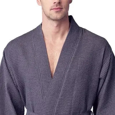 Front view of Plush Fashion Hub men's charcoal waffle spa bathrobe, lightweight and absorbent, showing the soft fabric and relaxed fit.