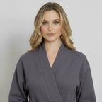 Front view of Plush Fashion Hub women's knee-length dark grey waffle robe with kimono-style sleeves.