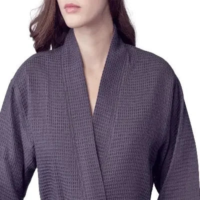 Front view of Plush Fashion Hub knee-length dark grey waffle robe for women, featuring a kimono-style design and cozy fabric.
